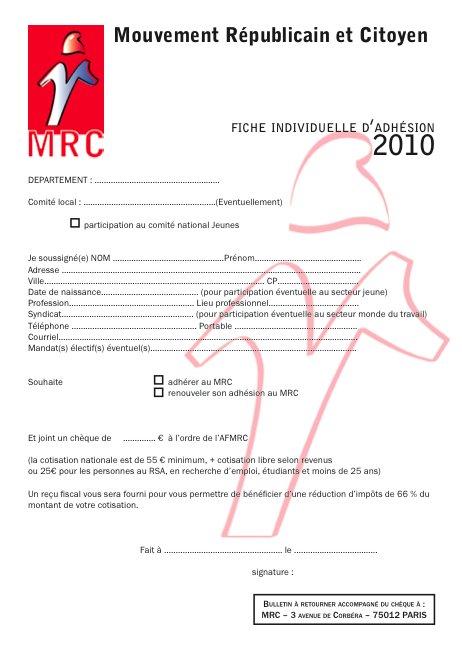 Bulletin d’adhésion au MRC (2010)