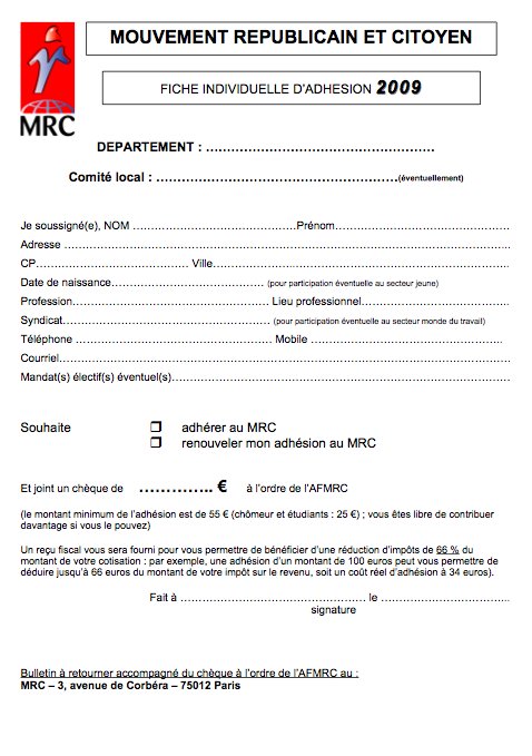 Bulletin d’adhésion au MRC (2009)