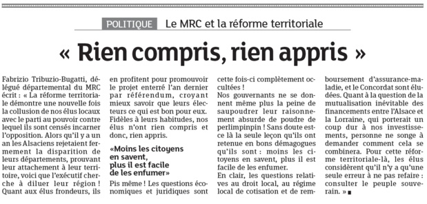 Parution du communiqué sur la réforme territoriale dans les DNA du 12/06/2014