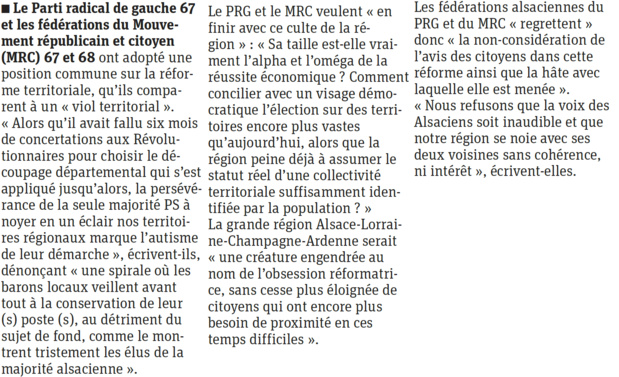 Communiqué commun des fédérations alsaciennes du MRC et du PRG sur la réforme territoriale (paru dans les DNA du 31/07/2014)