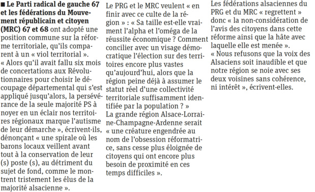 Communiqué commun des fédérations alsaciennes du MRC et du PRG sur la réforme territoriale (paru dans les DNA du 31/07/2014) Communiqué commun des fédérations alsaciennes du MRC et du PRG sur la réforme territoriale (paru dans les DNA du 31/07/2014)
