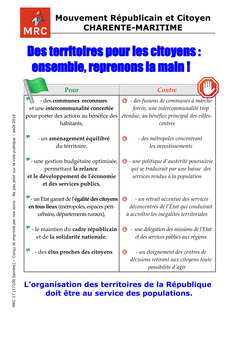 Aperçu du recto de notre tract (août 2016) "Des territoires pour les citoyens : ensemble reprenons la main". Le document est téléchargeable dans son intégralité au format pdf en haut de cet article.