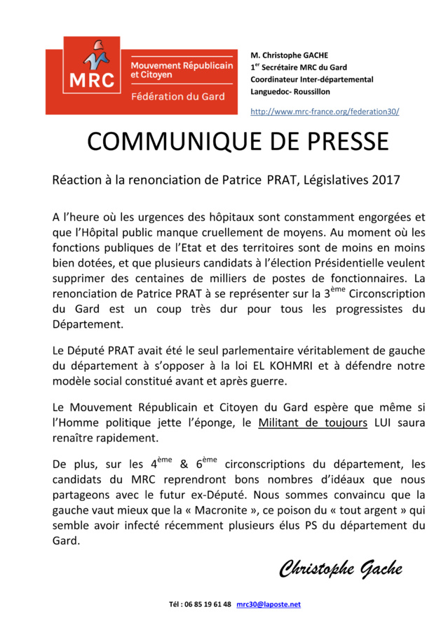 Réaction suite à la renonciation de Patrice PRAT, Législatives 2017