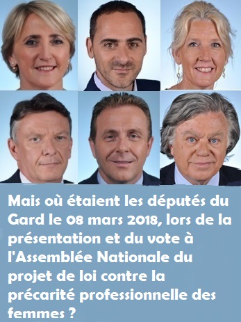 Le 8 mars 2018, le jour du vote sur la proposition de loi contre la précarité professionnelle des femmes où étaient-ils les députés gardois ? Le 8 mars 2018, le jour du vote sur la proposition de loi contre la précarité professionnelle des femmes où étaient-ils les députés gardois ?