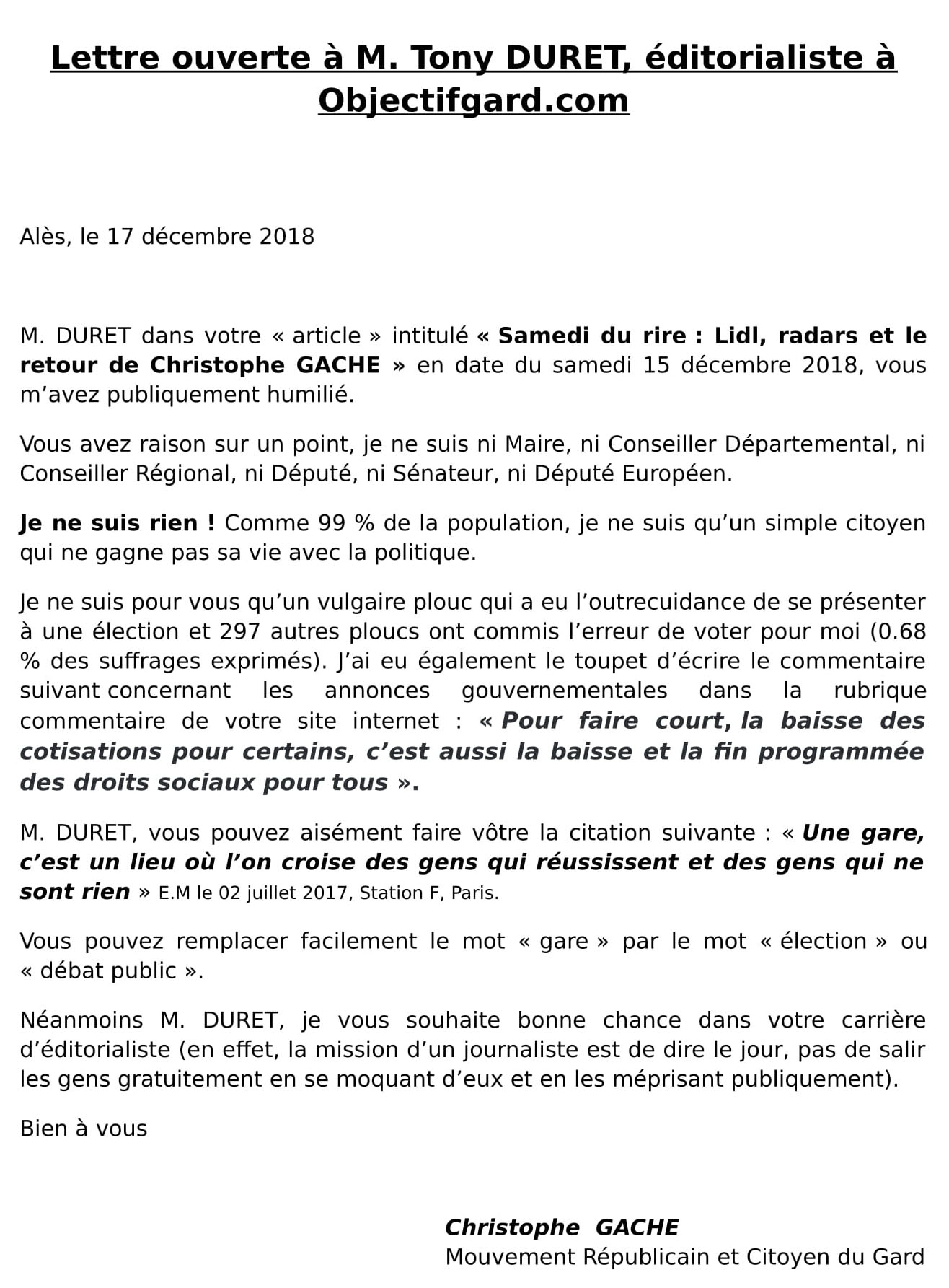 Lettre ouverte à Tony DURET, éditorialiste chez Objectifgard.com
