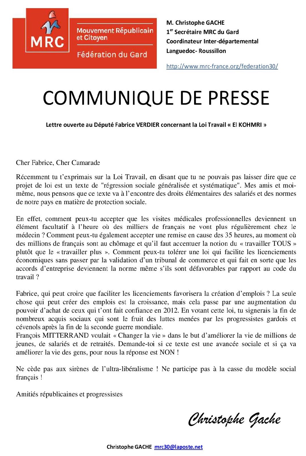 Lettre ouverte à notre camarade le Député Fabrice VERDIER, NON à la loi Travail "El KOHMRI"