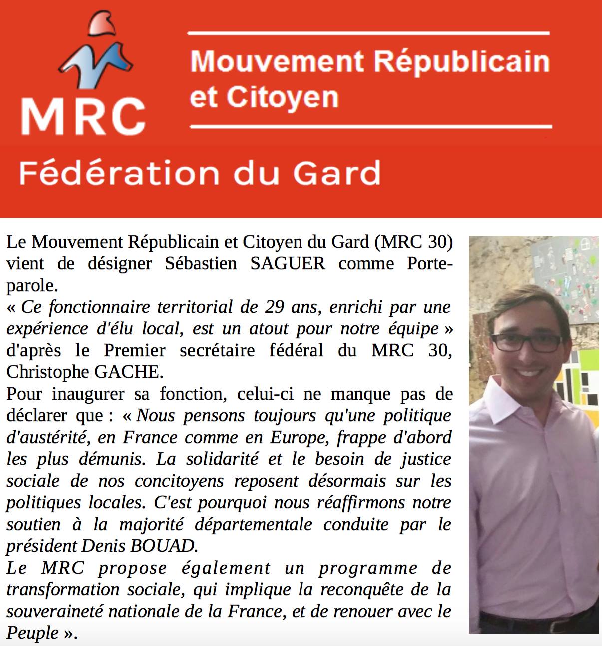 Sébastien SAGUER, Porte-Parole du MRC dans le Gard