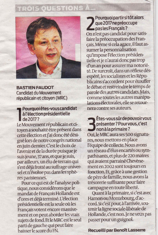 Interiew de Bastien Faudot par Benoît Lasserre journal Sud-Ouest du 4 avril 2016 page 3