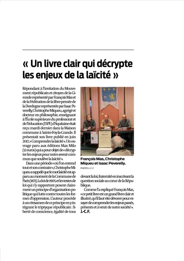 Mardi 11 Décembre 2018 Journée de la Laïcité, la Libre Pensée de la Dordogne et le Mouvement Républicain et Citoyen de la Gironde