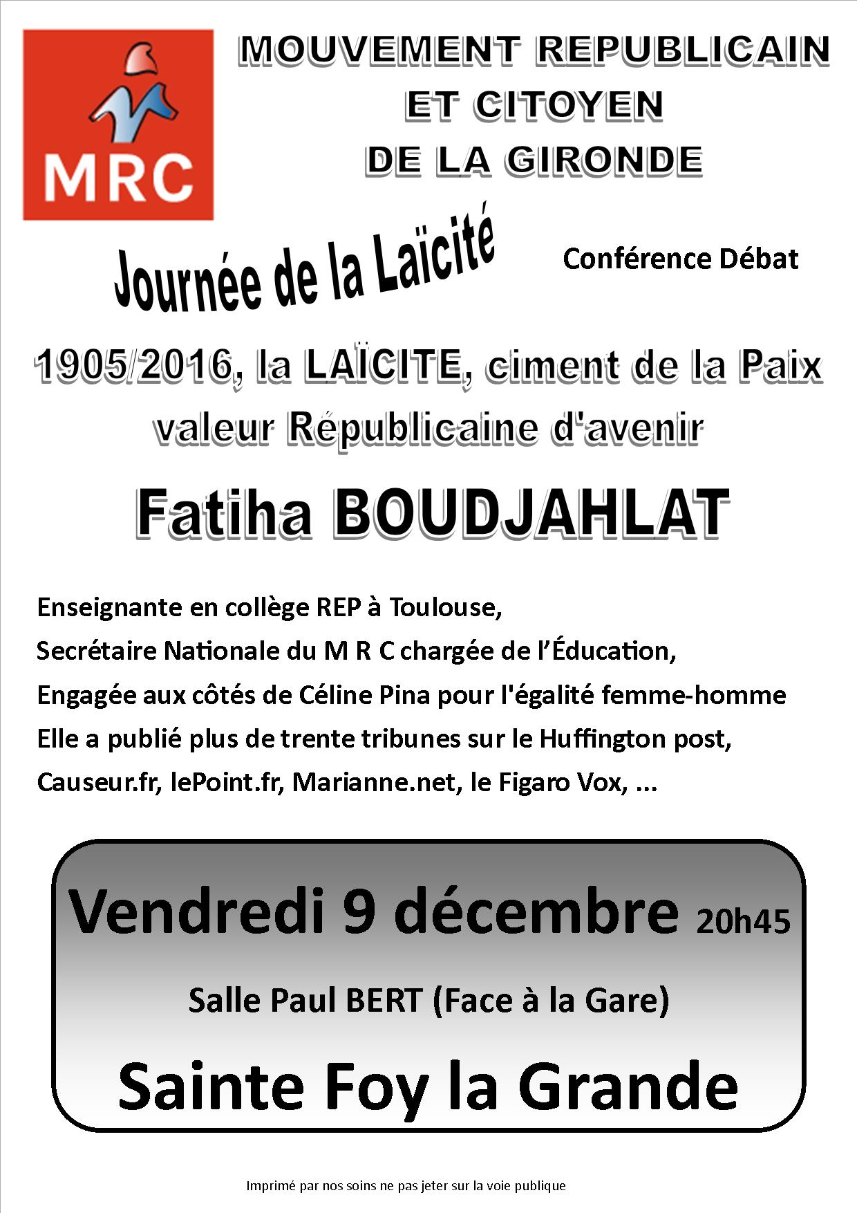 journée de la laïcité: Fatiha Boudjalhat le 9 décembre 2016 à 20 heures 45 salle Paul Bert à Sainte Foy la Grande