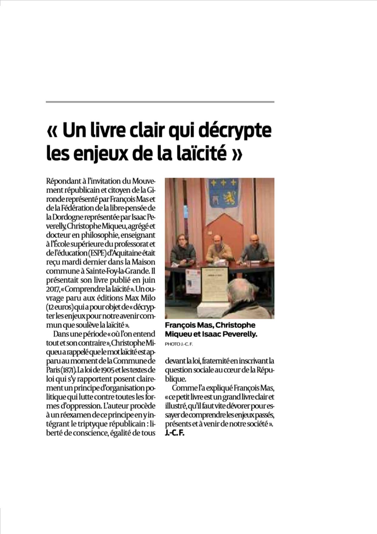 Mardi 11 Décembre 2018 Journée de la Laïcité, la Libre Pensée de la Dordogne et le Mouvement Républicain et Citoyen de la Gironde Mardi 11 Décembre 2018 Journée de la Laïcité, la Libre Pensée de la Dordogne et le Mouvement Républicain et Citoyen de la Gironde