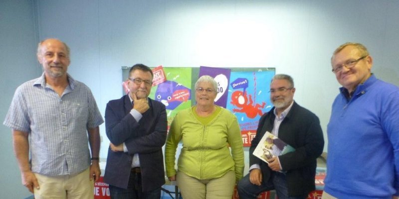 de gauche à droite:Patrick Rieussec (Front de Gauche), Didier Ochoa(Front de Gauche), Sylvie Garcia (PCF), Vincent Maurin (PCF) et Benoit Tourne (MRC)