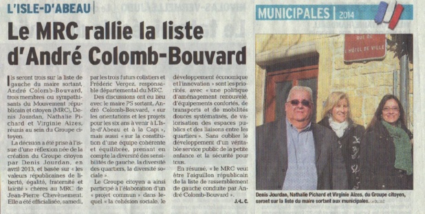 Le MRC rejoint la liste d'André Colomb-Bouvard Le MRC rejoint la liste d'André Colomb-Bouvard