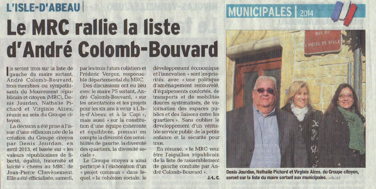 Le MRC rejoint la liste d'André Colomb-Bouvard Le MRC rejoint la liste d'André Colomb-Bouvard