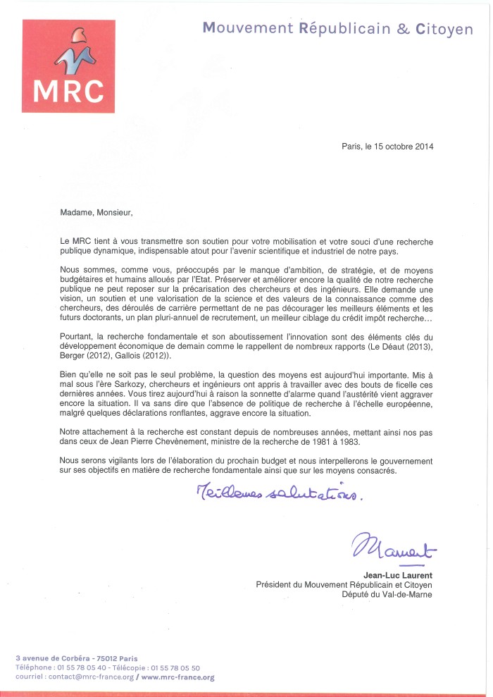 Le MRC soutient les chercheurs et Sciences en marche.