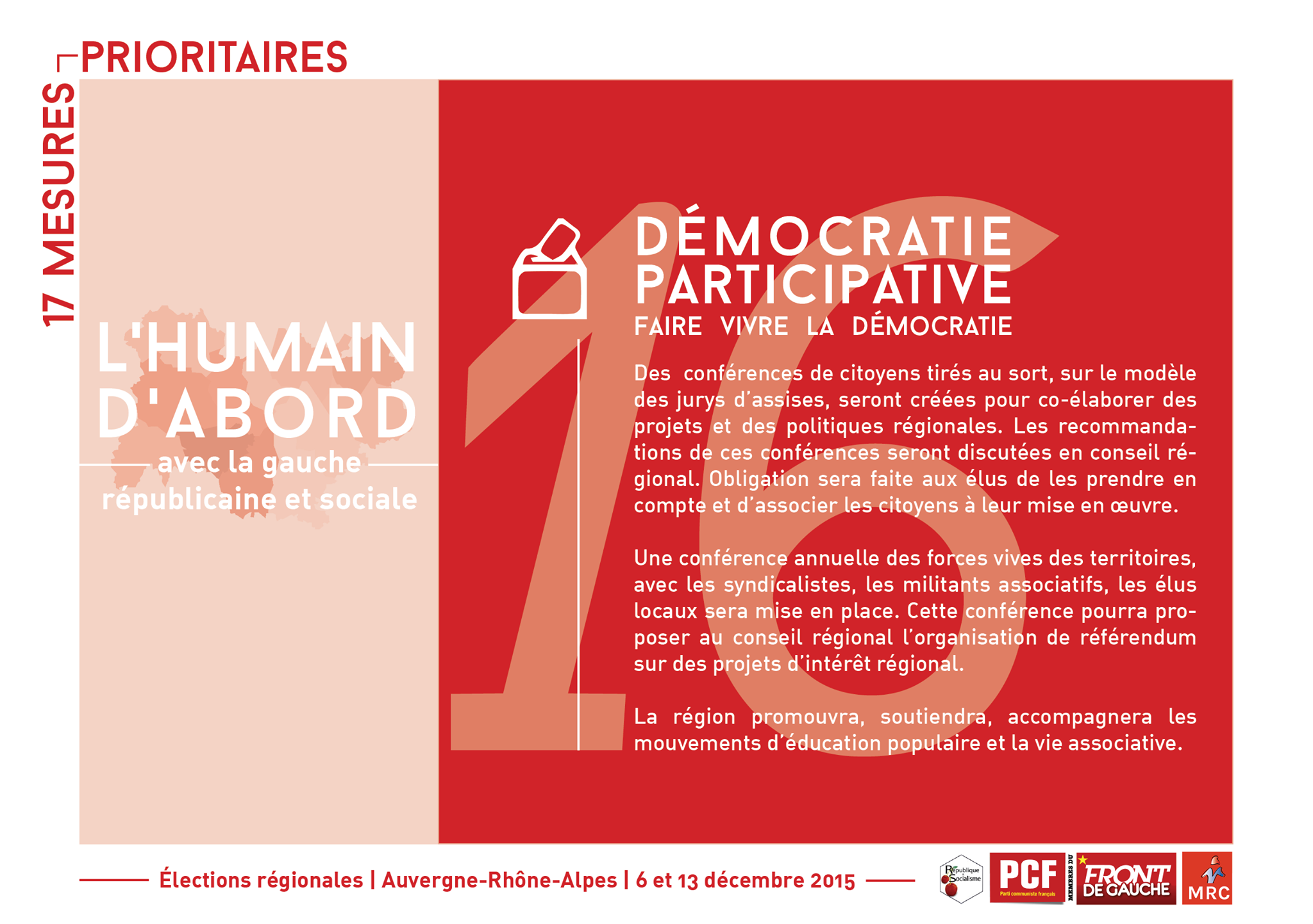 Quelques-unes de nos propositions pour une région citoyenne, solidaire et impliquée dans l'avenir des citoyens