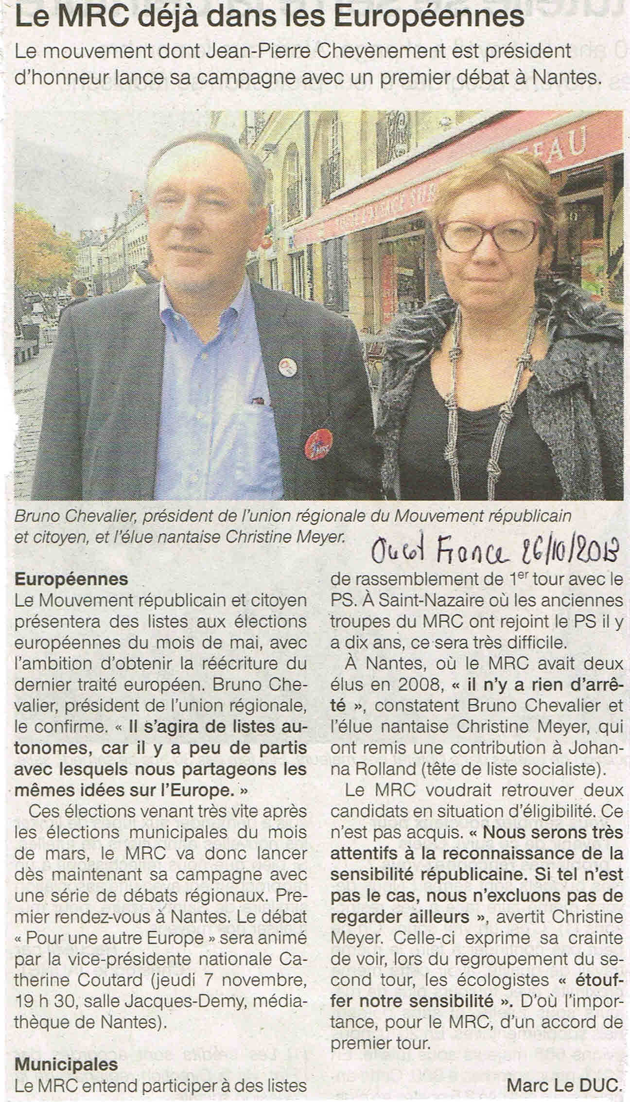 Le MRC déjà dans la Campagne des Européennes - Ouest France - 26.10.2013 Le MRC déjà dans la Campagne des Européennes - Ouest France - 26.10.2013