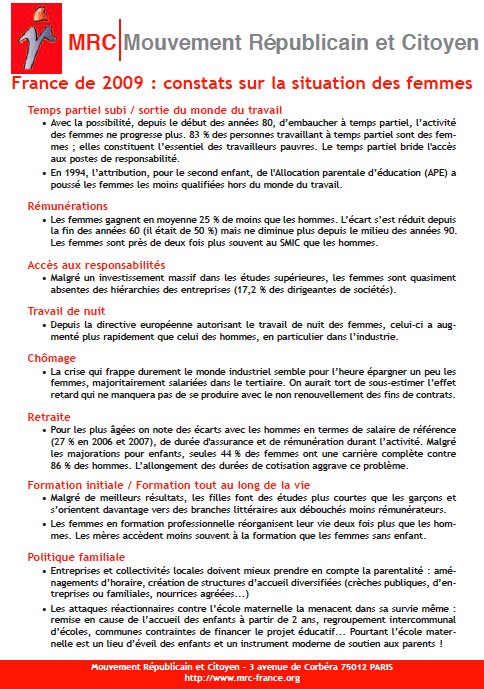 Téléchargez et distribuez le tract : "France de 2009 : constats sur la situation des femmes" Téléchargez et distribuez le tract : "France de 2009 : constats sur la situation des femmes"
