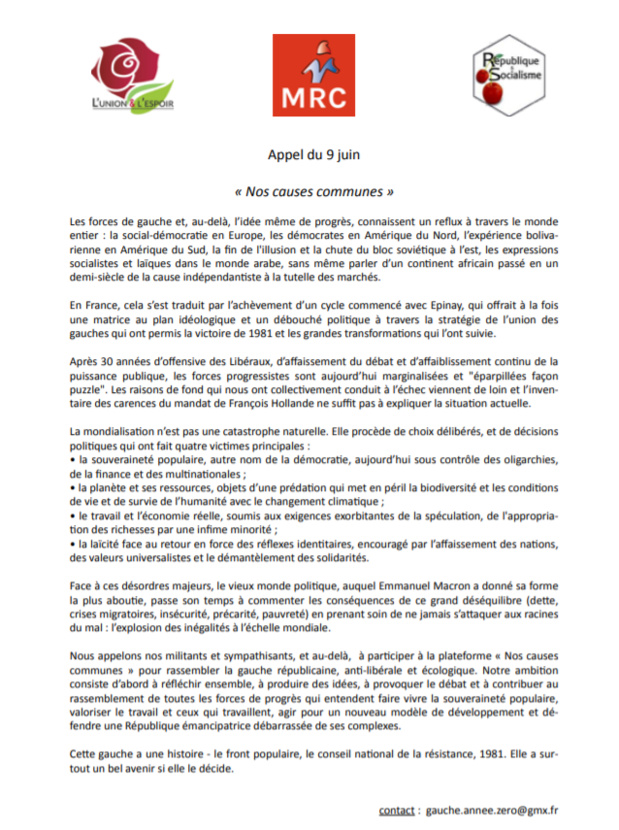 Appel du 9 juin de nos "causes communes".