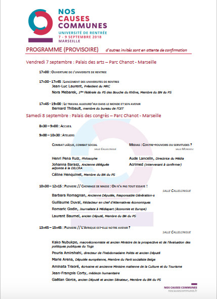 Programme de l'Université de rentrée "Nos Causes Communes" Programme de l'Université de rentrée "Nos Causes Communes"
