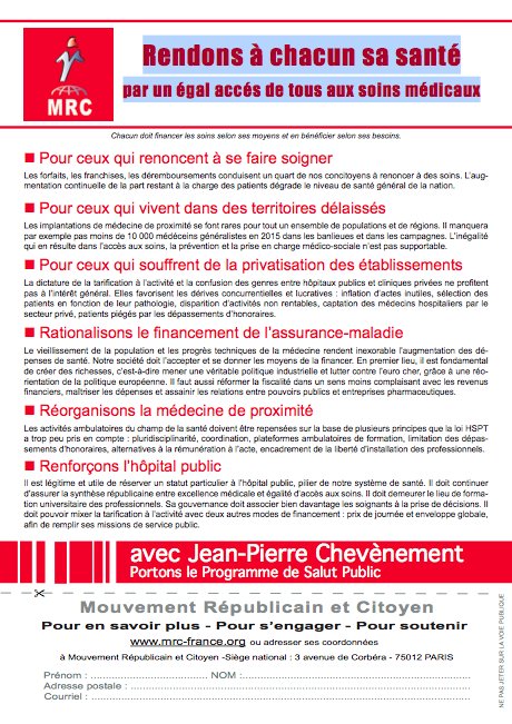 Tract "Rendons à chacun sa santé par un égal accès de tous aux soins médicaux"