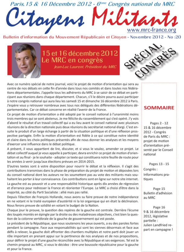 Téléchargez et distribuez le numéro de Citoyens Militants de novembre 2012 consacré au congrès de Paris