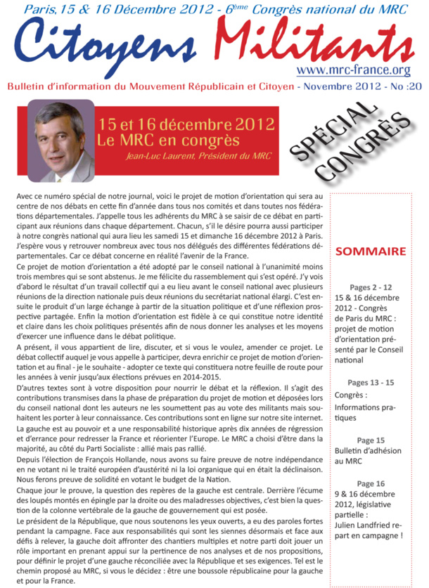 Téléchargez et distribuez le numéro de Citoyens Militants de novembre 2012 consacré au congrès de Paris