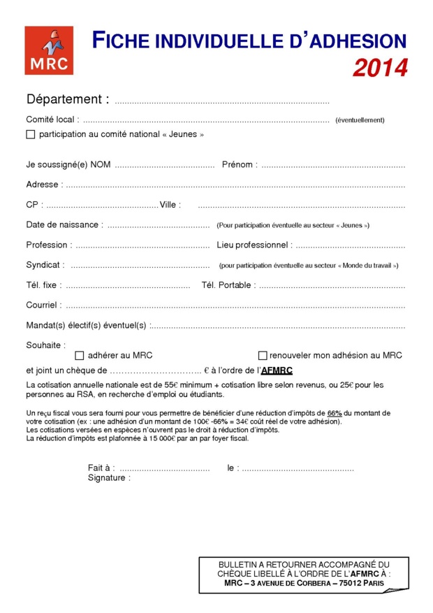 Bulletin d’adhésion au MRC (2014)
