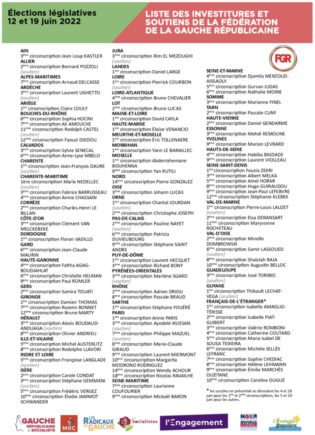 Législatives : votez pour les candidats de la Fédération de la gauche républicaine ! Législatives : votez pour les candidats de la Fédération de la gauche républicaine !