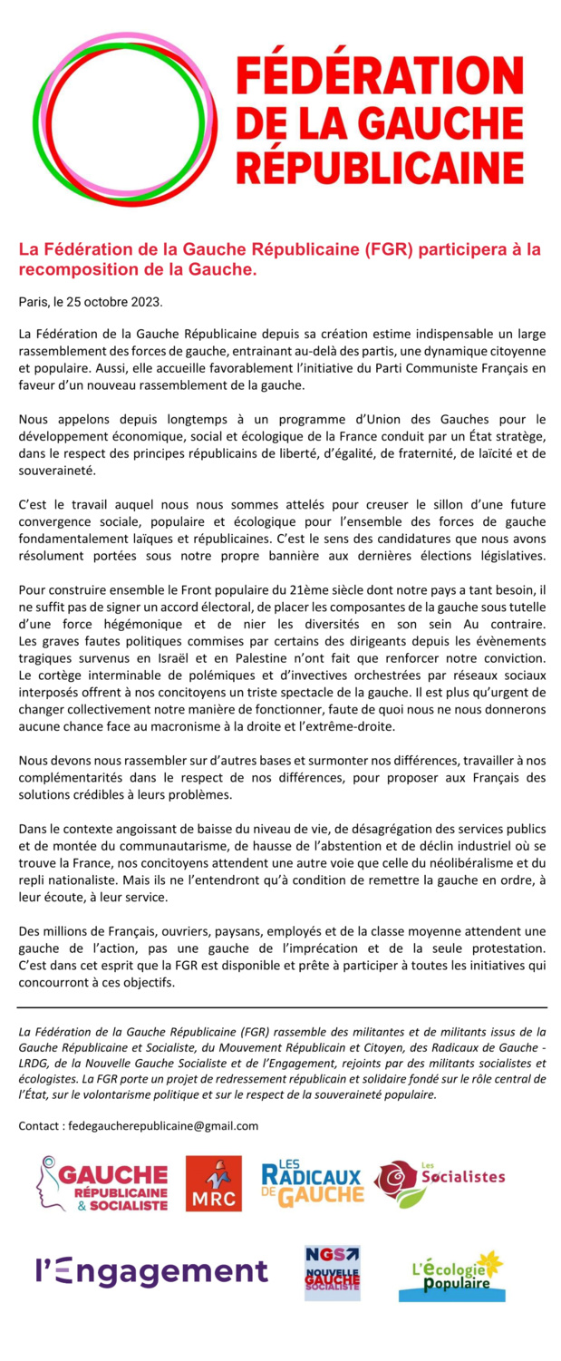 La Fédération de la gauche républicaine participera à la recomposition de la gauche