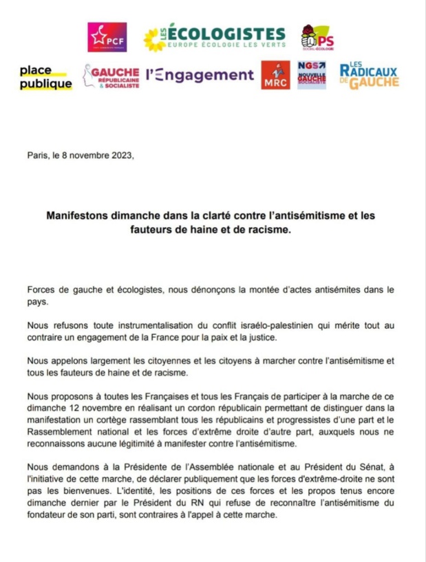 Le MRC appelle à se joindre aux manifestations pour la République et contre l'antisémitisme du 12 novembre 2023 Le MRC appelle à se joindre aux manifestations pour la République et contre l'antisémitisme du 12 novembre 2023