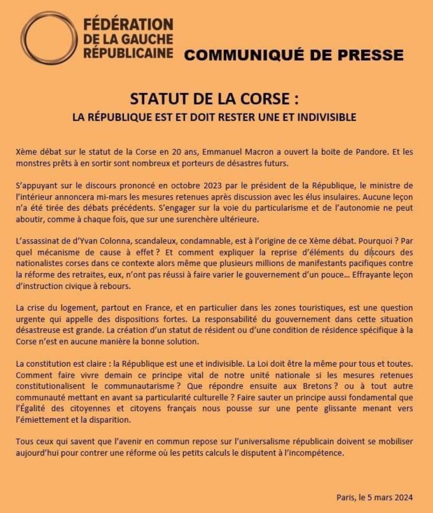 Statut de la Corse : La Fédération de la Gauche Républicaine réaffirme que la France est et doit rester une et indivisible !