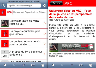 Capture d'écran de la page d'accueil et d'une page de navigation