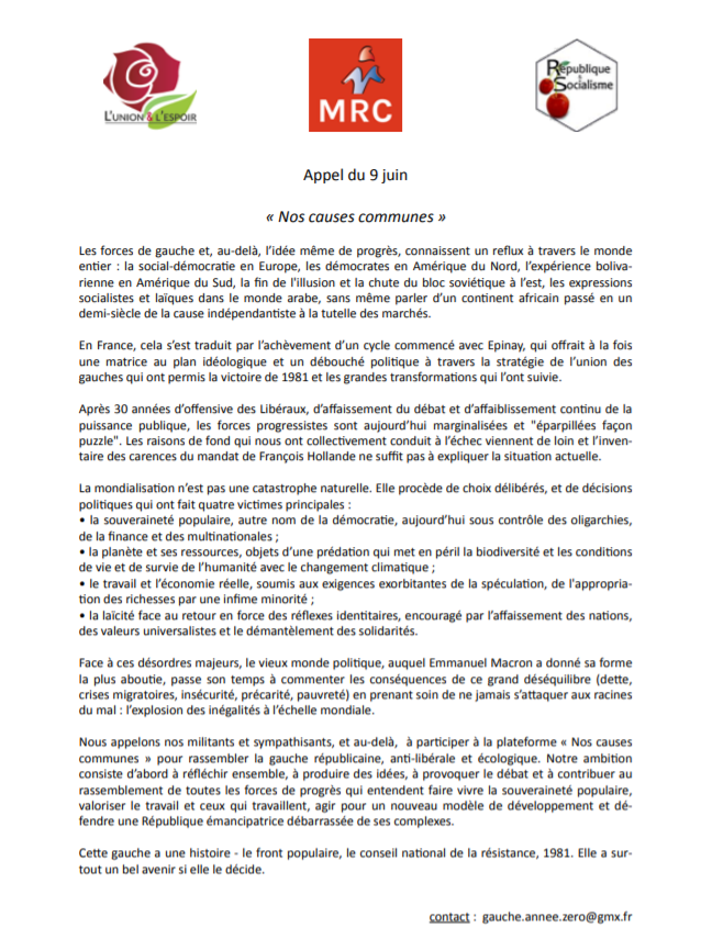 Appel du 9 juin de nos "causes communes".