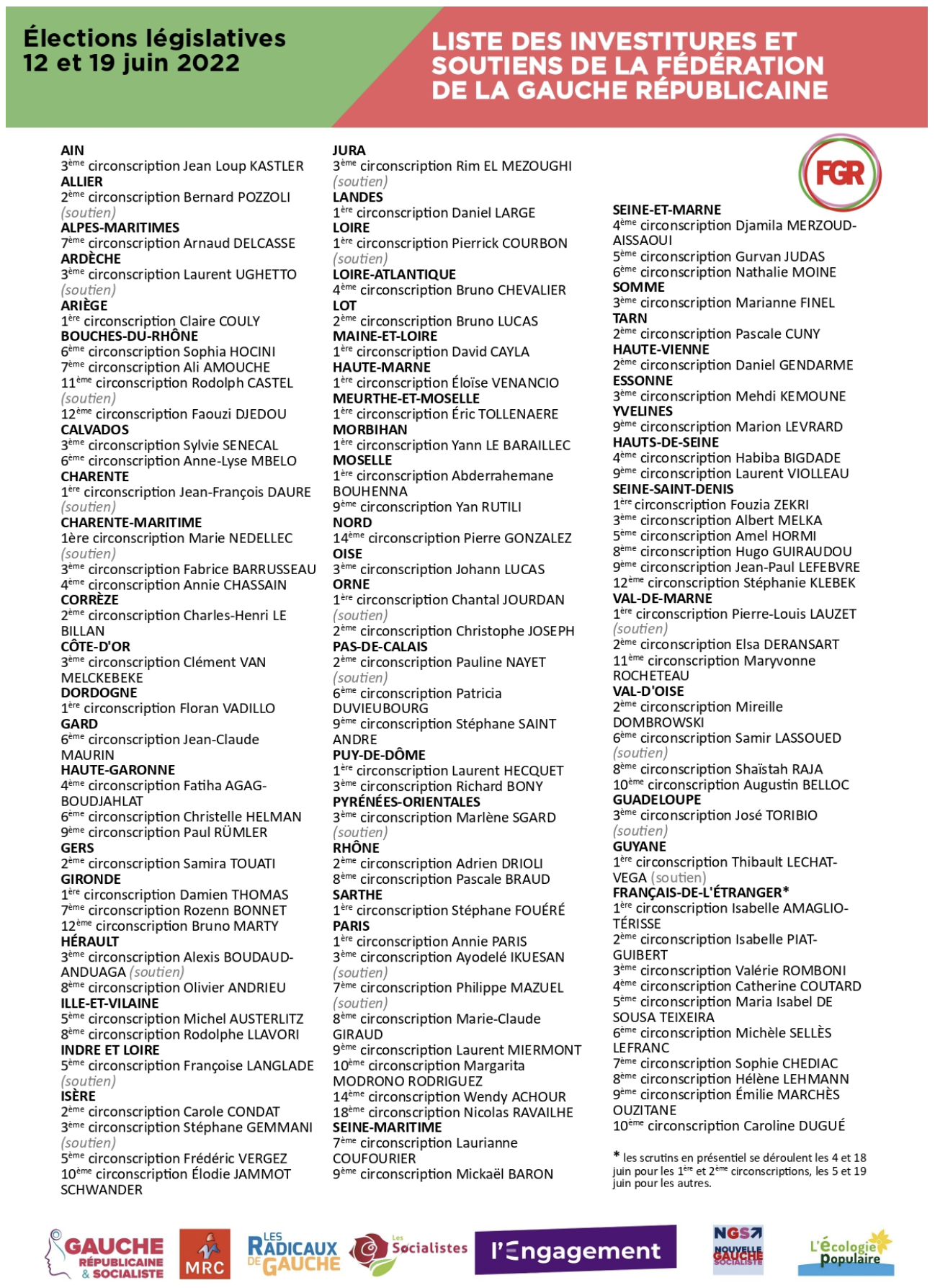 Législatives : votez pour les candidats de la Fédération de la gauche républicaine ! Législatives : votez pour les candidats de la Fédération de la gauche républicaine !