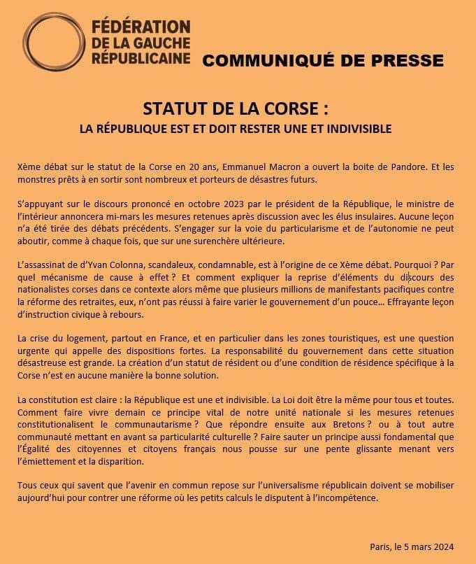 Statut de la Corse : La Fédération de la Gauche Républicaine réaffirme que la France est et doit rester une et indivisible !