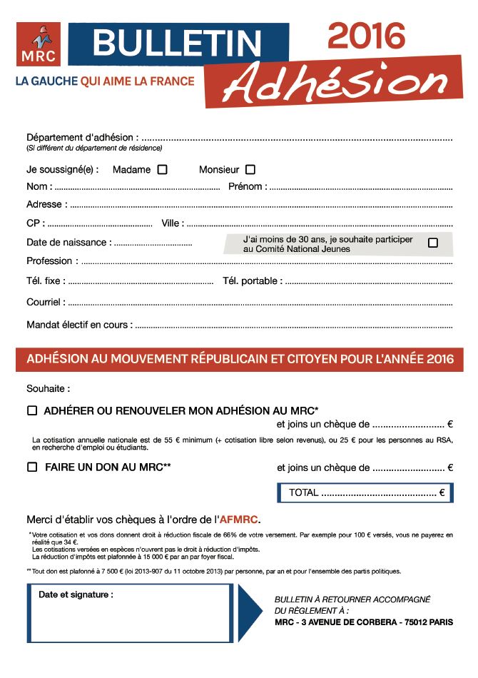 Bulletin d’adhésion au MRC (2016)